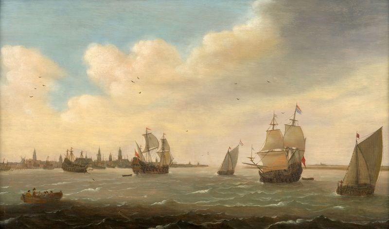 Barcos à vela no porto de Roterdã, óleo sobre tela de Cornelis Bol