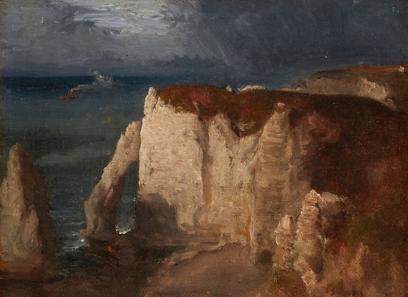 Paisaje costero con acantilados y atardecer, pintura al óleo de George Inness