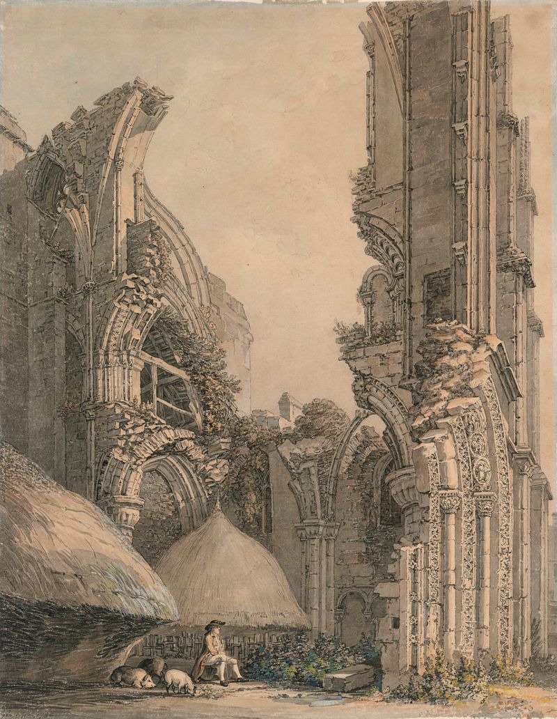 Engraving of Malmesbury Abbey ruins by Thomas Hearne