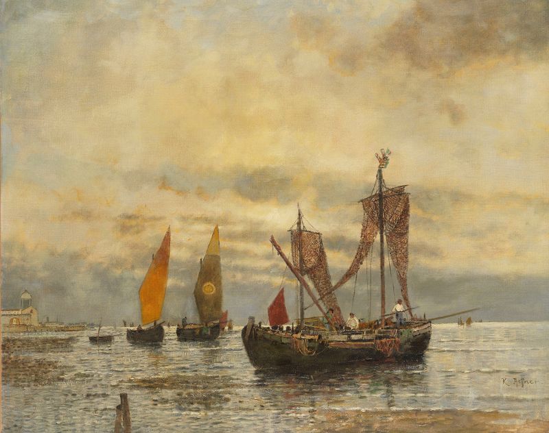 Venezianische Bragozzi by Karl Heffner, oil painting depicting boats in a canal of Venice