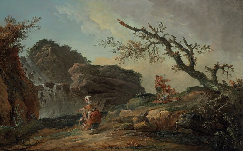 Pintura rococó de Hubert Robert, La Cascade, que presenta una cascada, mujer campesina, niño y chicos.