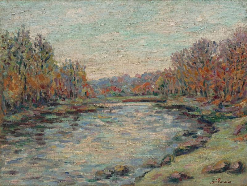 Barrage de Genetin de Armand Guillaumin, óleo sobre tela que retrata uma paisagem fluvial turbulenta.