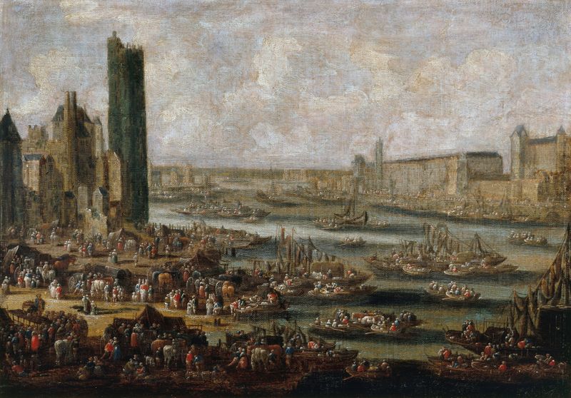La Tour de Nesle et le Louvre by Pieter Casteels, oil painting depicting towers at twilight