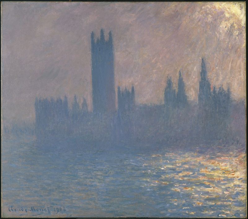Houses of Parliament, Sunlight Effect by Claude Monet, oil painting depicting sunlight over the river.