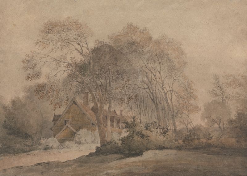 Paisagem com uma casa entre árvores, óleo de John Crome