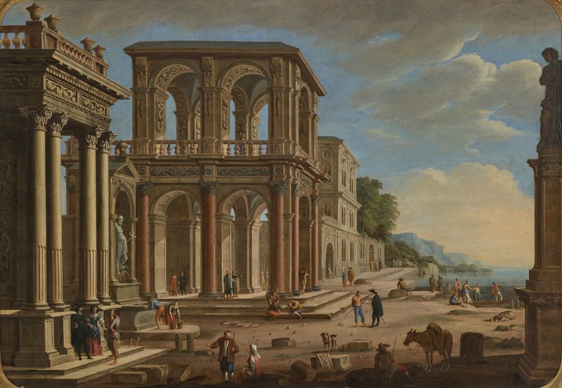 A capriccio with an ionic portico, fountain, and Gothic palace by Alessandro Salucci, oil on canvas.