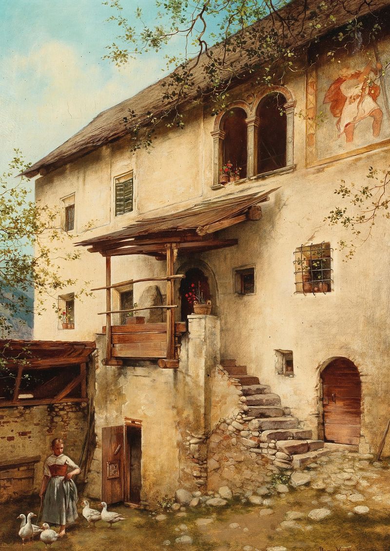 Pintura a óleo de paisagem de Daniel Hock mostrando uma fazenda no Tirol do Sul com luz da manhã.