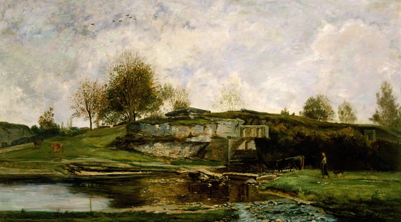 Sluice in the Optevoz Valley de Charles François Daubigny, pintura al óleo que representa un paisaje sereno de río.