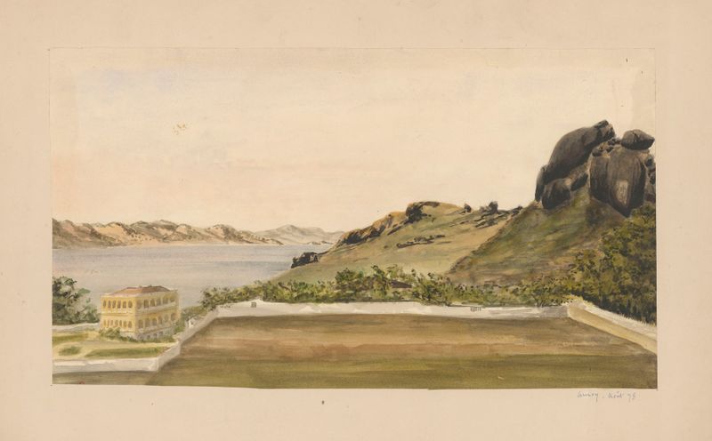Landscape watercolor by Auguste Mouillesaux de Bernières, featuring soft hues blending together.