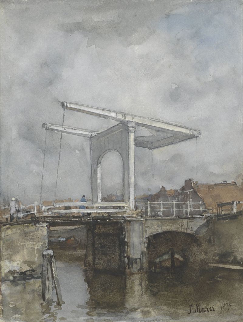 The Drawbridge de Jacob Maris, óleo que muestra figuras en un puente levadizo bajo un cielo vibrante.