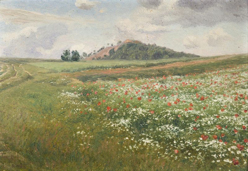 Fields with Wild Poppies by František Kaván, oil painting depicting red poppies in a lush landscape