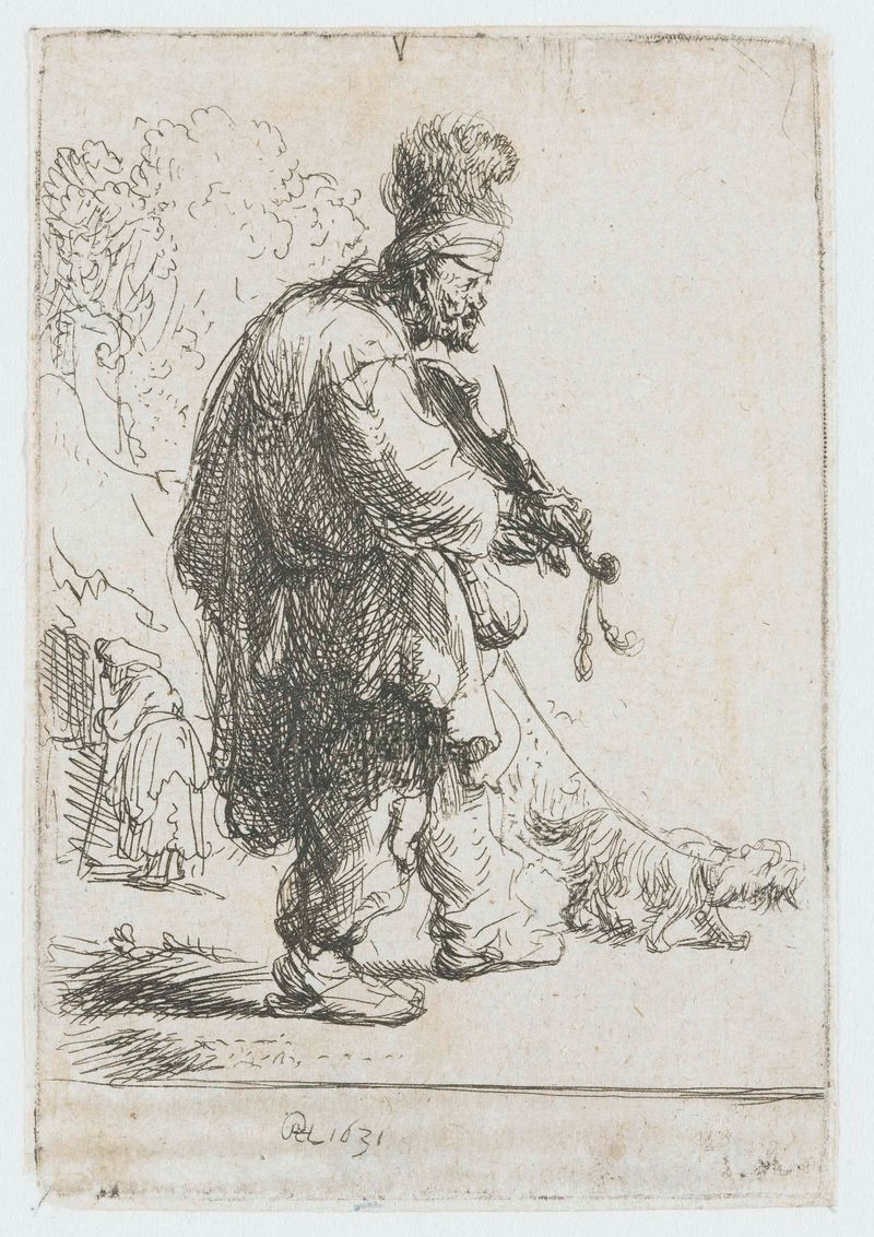 Gravura de Rembrandt van Rijn retratando um violinista cego tocando música com traços expressivos