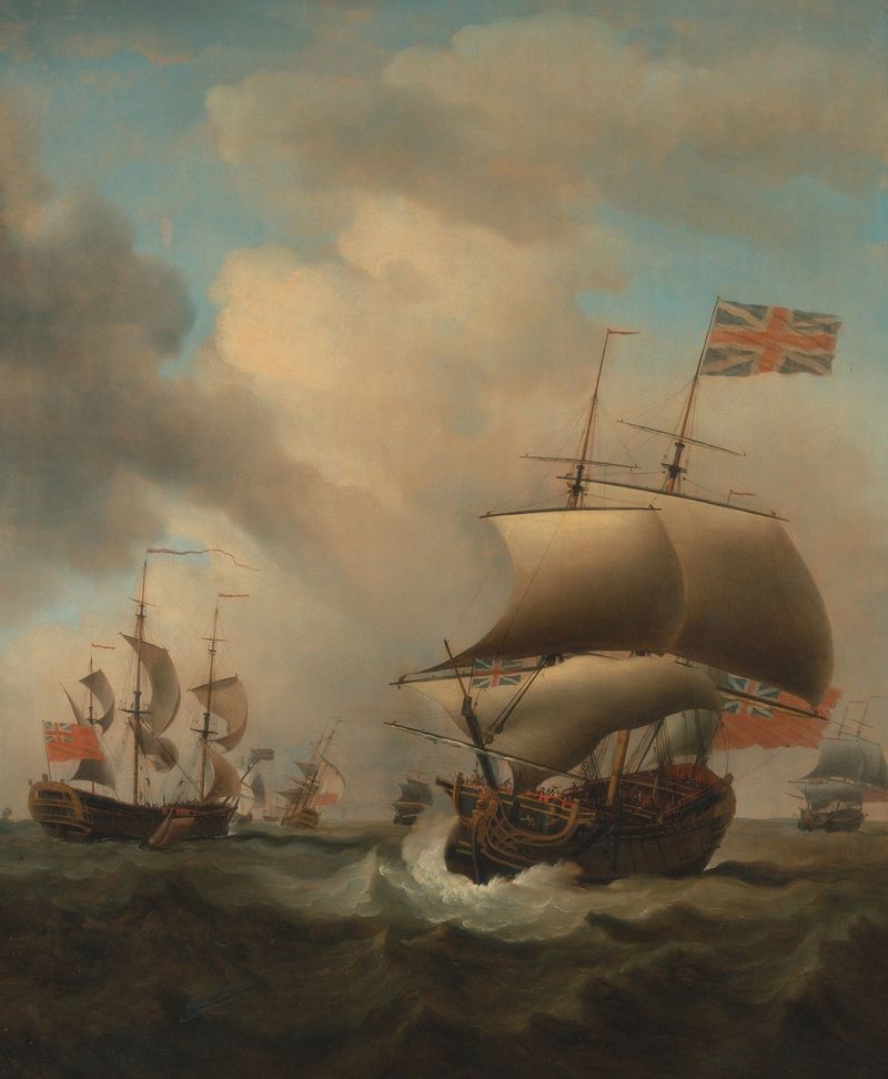 Shipping in a Choppy Sea by Samuel Scott, oil on canvas, ships battling turbulent waves