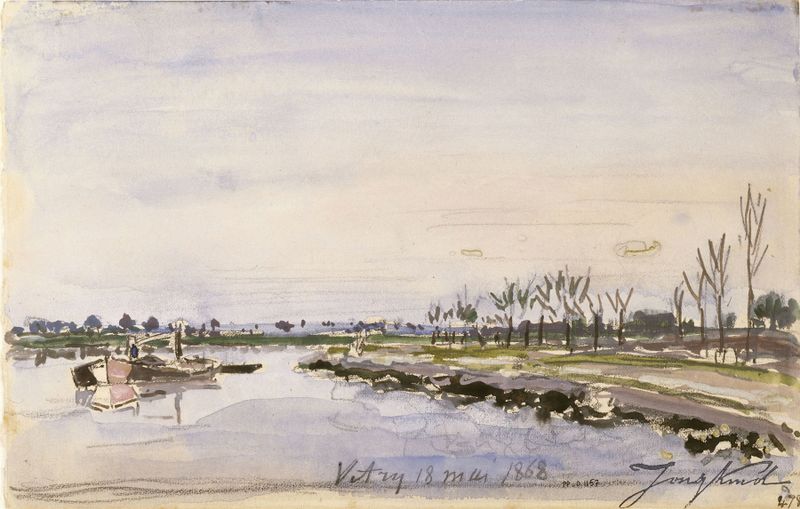 Paisaje con un río y vegetación exuberante, pintura al óleo de Johan Barthold Jongkind