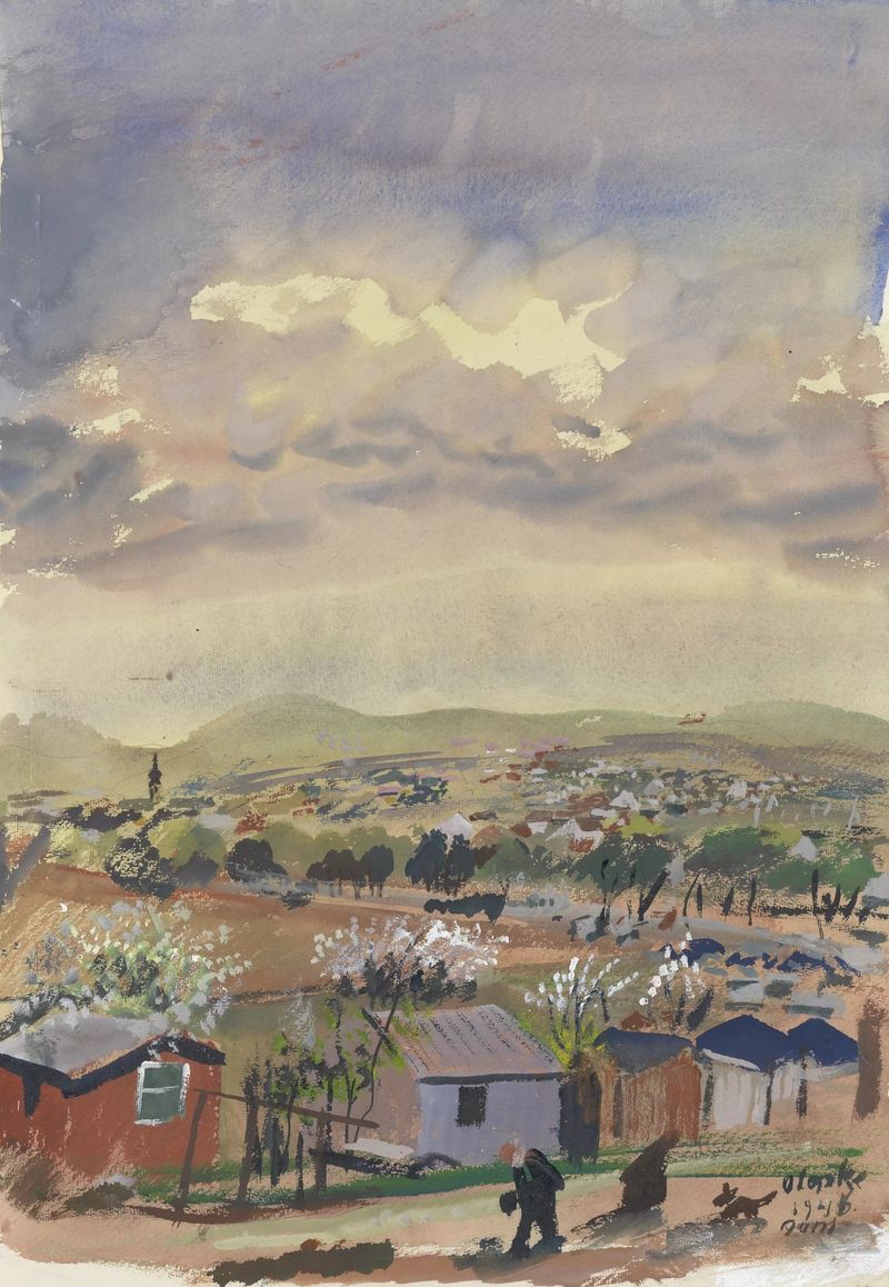 Pintura de paisaje al óleo de Oskar Laske con tonos rojos vibrantes y formas terrenales.