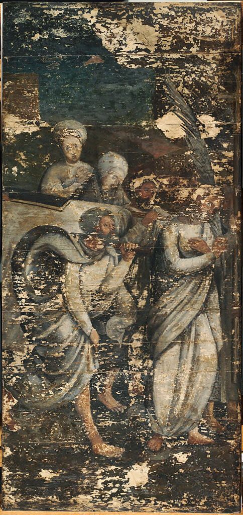 Óleo sobre panel del Renacimiento del Madonna y figuras en duelo por un artista no identificado.