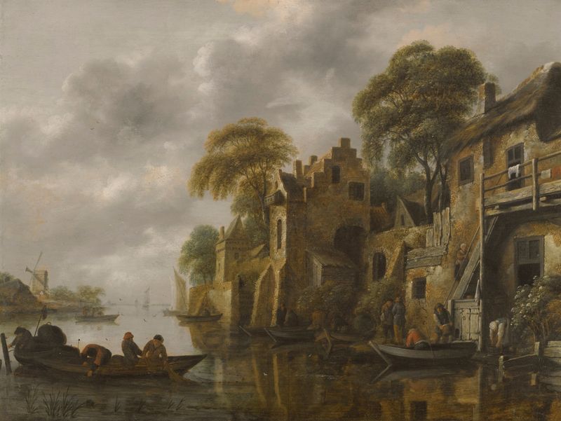 A river landscape with fishermen loading their nets, by Nicolaes Molenaer, oil painting.