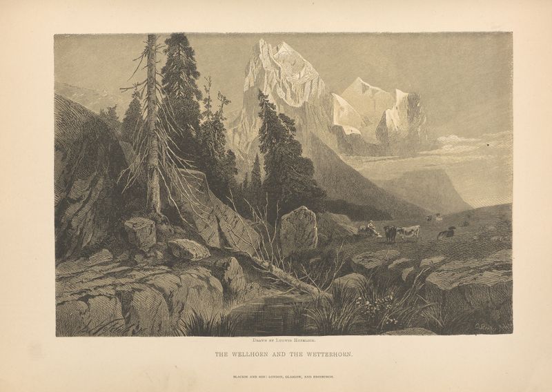 Paisaje que presenta las montañas Wellhorn y Wetterhorn de Theodor Gsell Fels, pintura al óleo