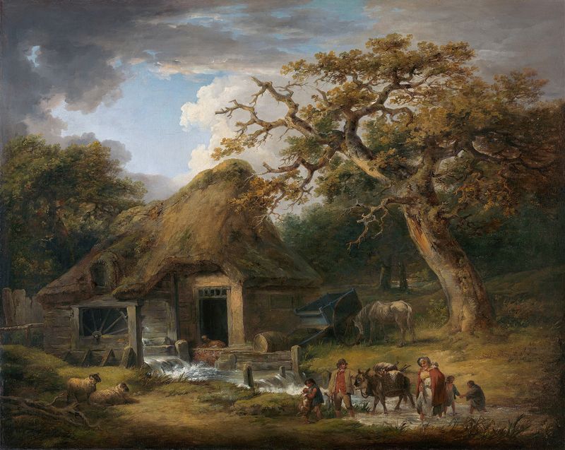 O Velho Moinho de Água de George Morland, pintura a óleo que retrata um moinho à beira de um riacho cercado por vegetação.