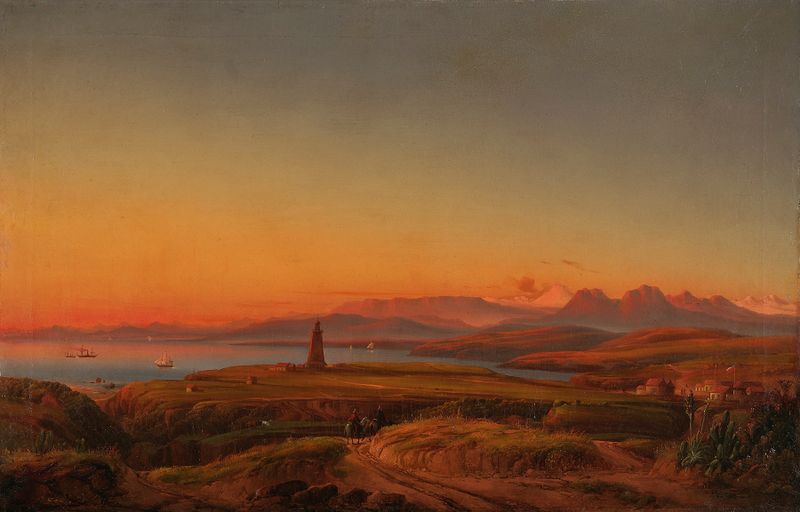 Bay Near Valparaiso, Chile by Josef Carl Berthold Püttner, oil painting depicting a tranquil marine scene