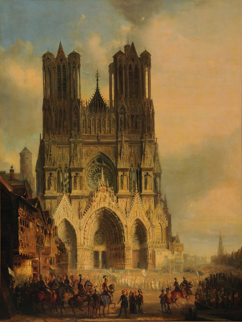 La façade de la Cathédrale de Reims com uma procissão medieval, óleo sobre tela de David Roberts