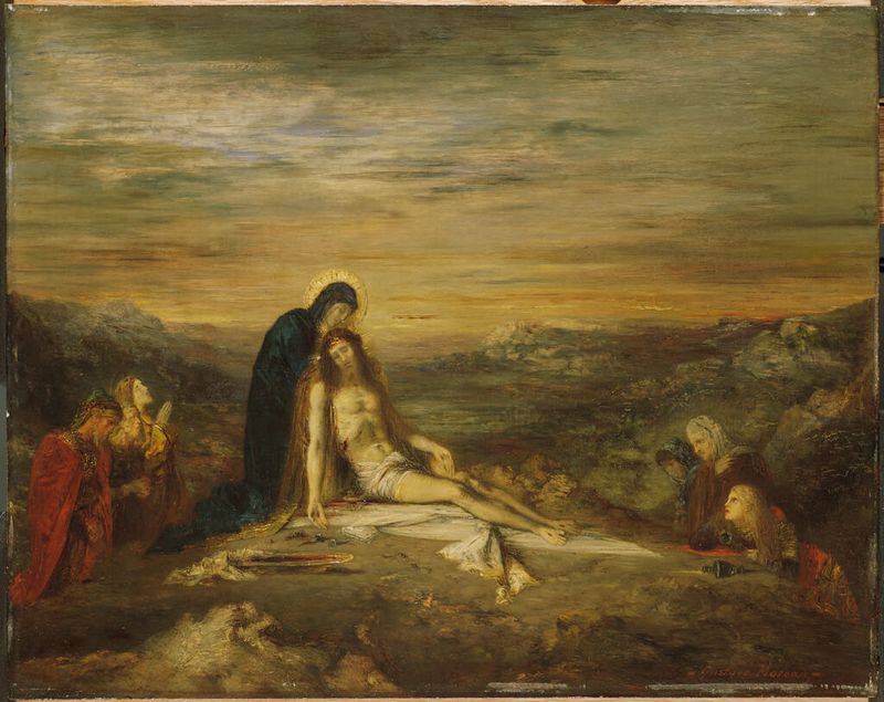 The Pietà by Gustave Moreau, oil on panel depicting a tender embrace.