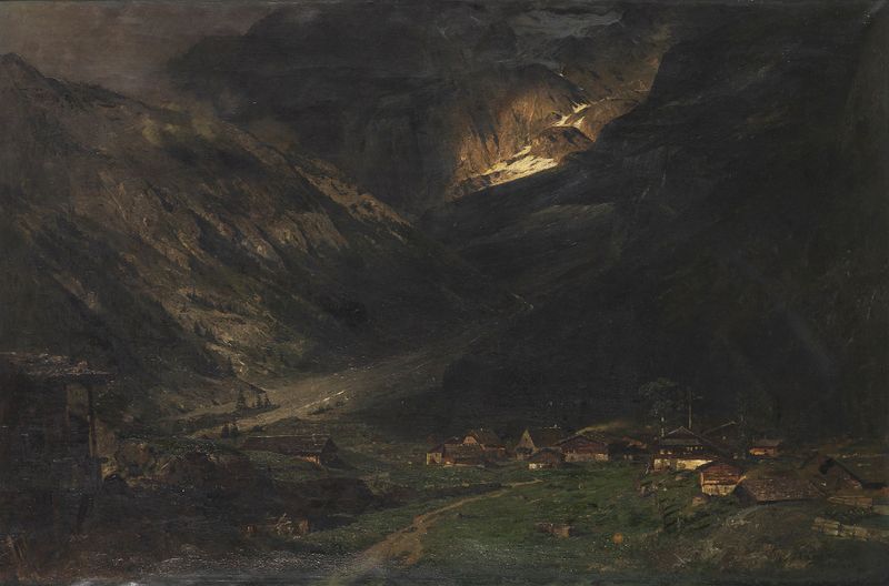 Paisaje de Theodor Joseph Hagen que muestra un cielo tormentoso sobre montañas, pintura al óleo.
