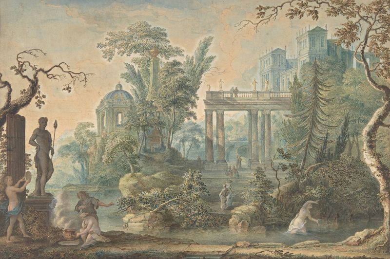 Paisagem arcadiana com figuras e uma estátua de Apolo, pintura a óleo de Gerard Melder
