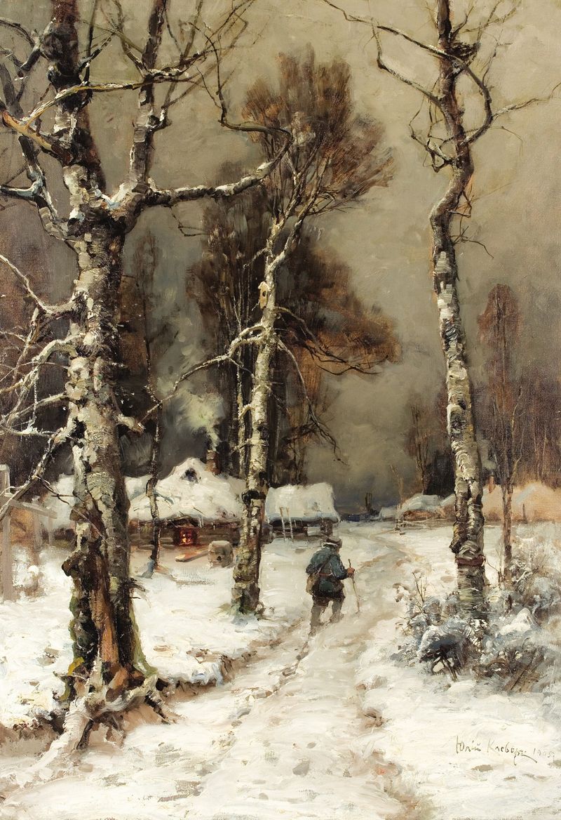 Homeward Bound through a Wintry Forest by Julius Sergius Klever, oil on canvas depicting a snowy forest scene