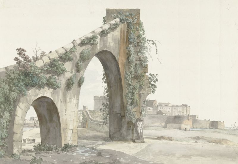 Watercolour by Abraham-Louis-Rodolphe Ducros depicting an aqueduct and city landscape.