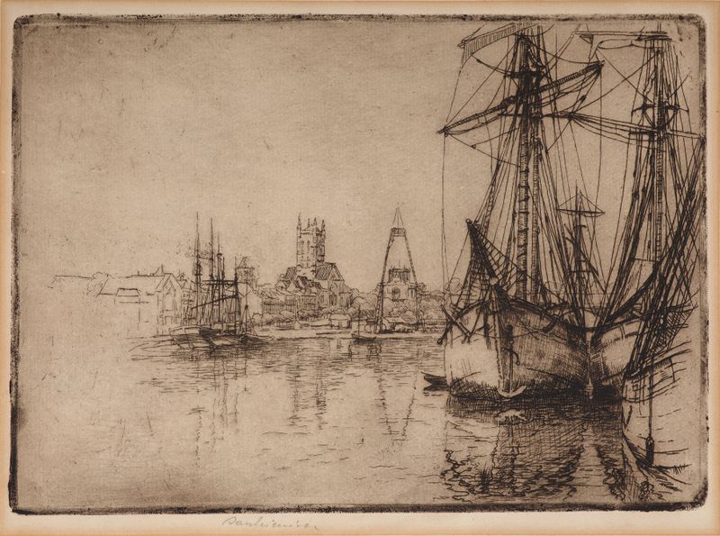 Óleo sobre tela de Józef Pankiewicz retratando um porto com barcos e ondas suaves.