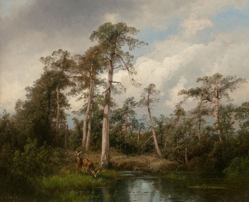 Deer in Gulph Hummock by Hermann Ottomar Herzog, oil on canvas, a deer in a lush forest landscape