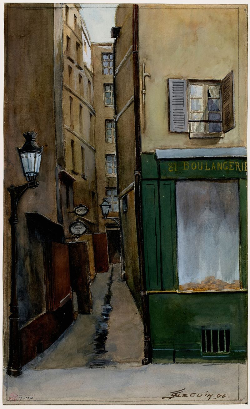 Oil painting by F. Séguin depicting a narrow street with charming buildings.