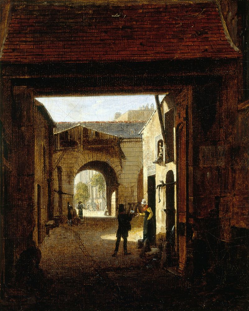 Courtyard scene with cobblestones, oil on canvas by Etienne Bouhot