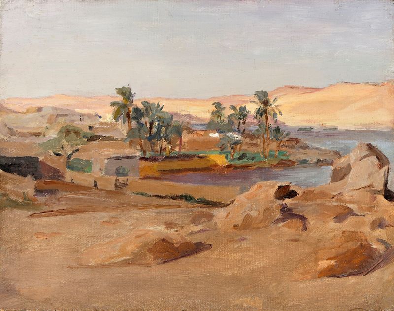 Paisagem do Nilo perto de Aswan, pintura a óleo de Jan Ciągliński