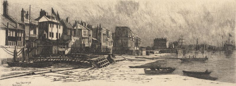 Riverside Taverns Greenwich by Edwin Edwards, oil painting depicting a tranquil river scene with greenery.