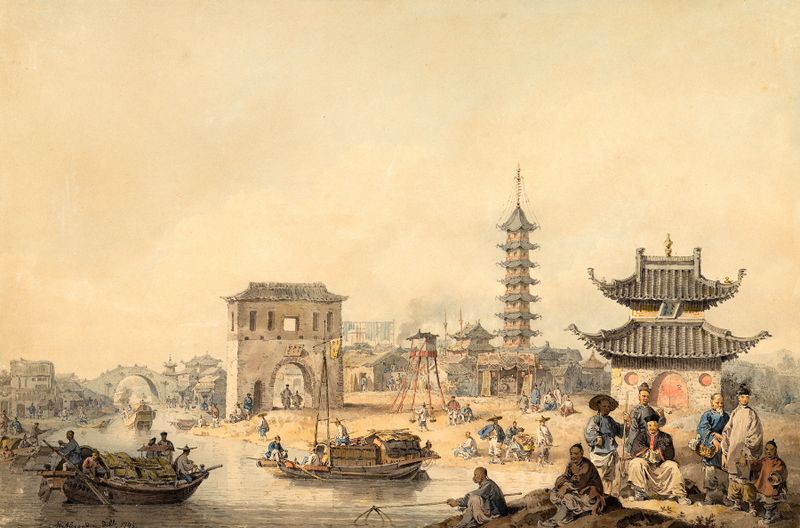The Suburbs of a Chinese City by William Alexander, oil painting depicting rooftops and urban life.