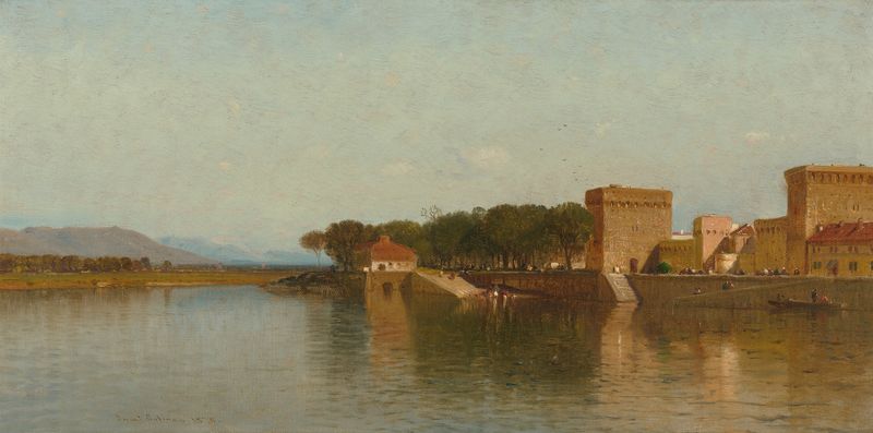 Harbor Scene by Samuel Colman, oil on canvas, depicting sailboats at dusk