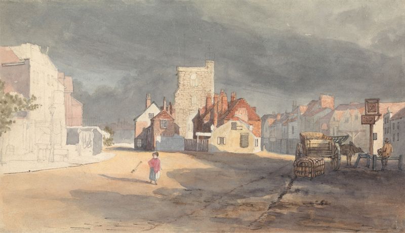 Street scene with figures in an urban setting, oil painting by Thomas Shotter Boys
