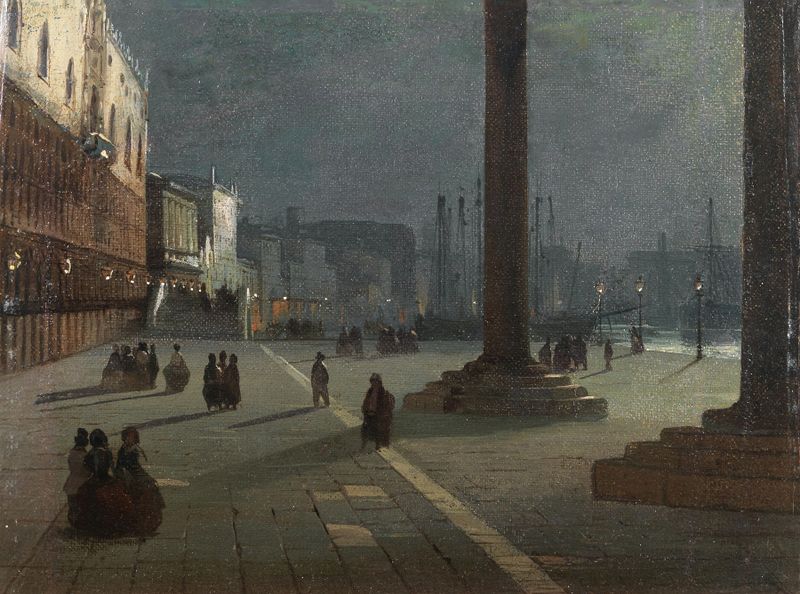 Venice, a View of the Molo di San Marco with the Riva degli Schiavoni in the Moonlight by Ippolito Caffi, oil painting