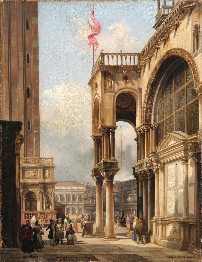Venice, a View of St Mark’s Square by Federico Moja, oil on canvas depicting architecture and sunlight.