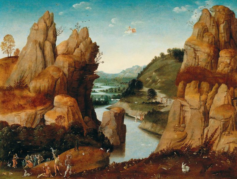 Un paisaje rocoso con escenas de la vida de San Juan Bautista, óleo sobre panel de Follower of Joachim Patinir