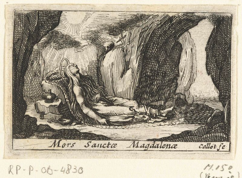 De dood van Maria Magdalena, gravura de Unknown Artist, apresentando uma figura serena iluminada por luz suave.