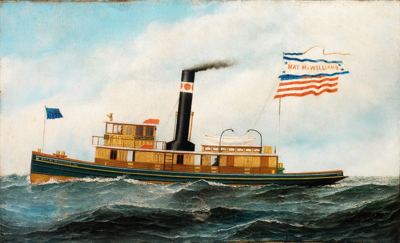 El remolcador ‘may Mcwilliams’ pintura al óleo de Antonio Jacobsen, con un remolcador detallado.