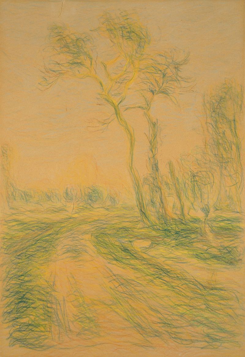 Landscape with Trees, pintura a óleo de Alfred Sisley, apresentando árvores exuberantes e um céu sereno.