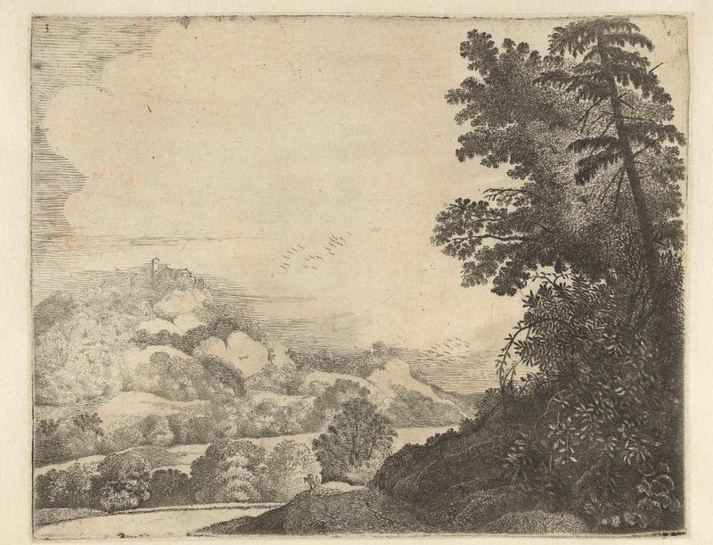 Landschap met schaap op heuvel en bomen, etching by Jan van Brosterhuyzen, depicting a sheep on a hill with trees.
