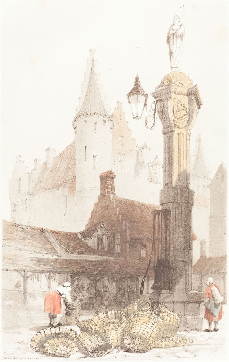 Fish Market, Antwerp de Thomas Shotter Boys, óleo sobre lienzo que representa una bulliciosa escena de mercado