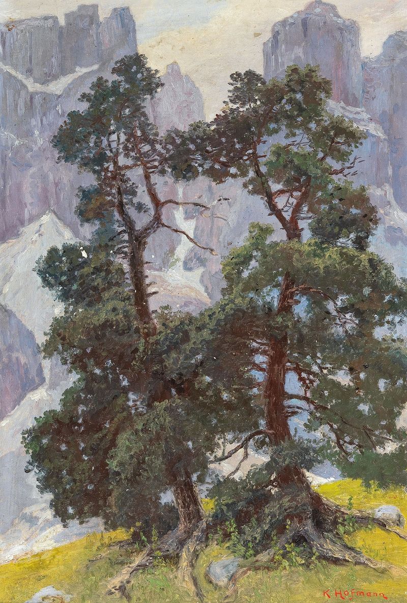 Sella Group de Karl Hofmann, óleo sobre lienzo, que representa montañas bajo un cielo tenue.