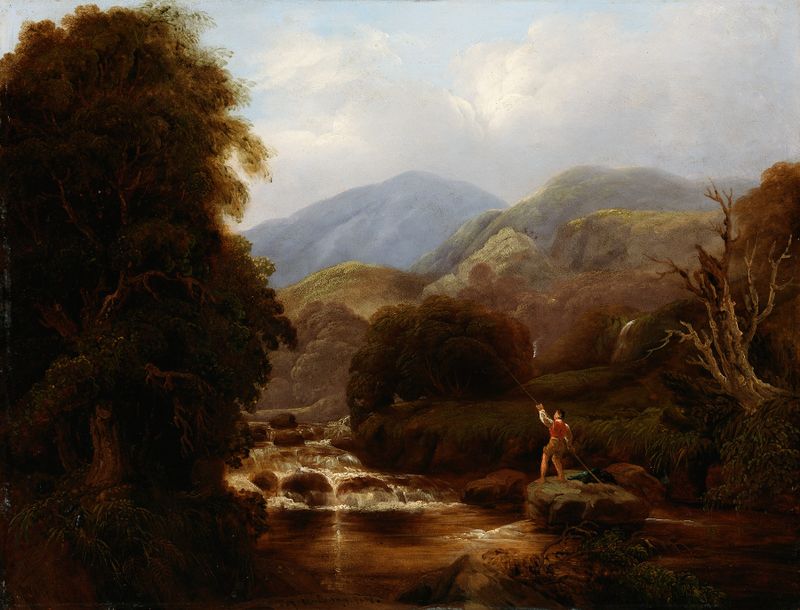 El Riachuelo de la Montaña de Thomas James Mulvany, pintura al óleo que muestra un río sereno y montañas.