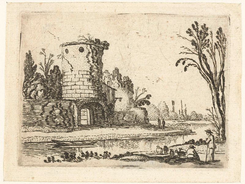 Ronde toren met een poort, gravura de Esaias van de Velde, mostrando uma torre em uma paisagem tranquila.